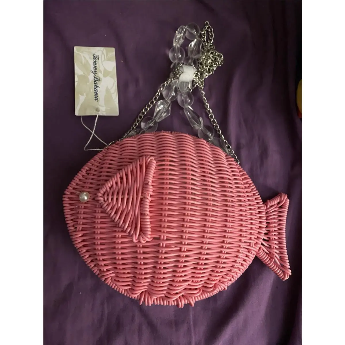 Tommy Bahama Pink Woven Wicker Fish Purse Clutch Crossbody Bag Pearl Eye