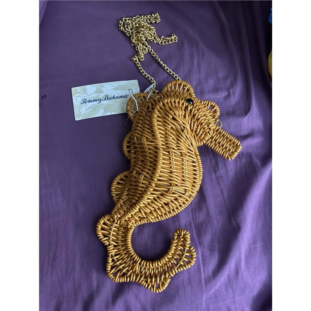 Tommy Bahama Seahorse Woven Wicker Bag with Gold Crossbody Cha
