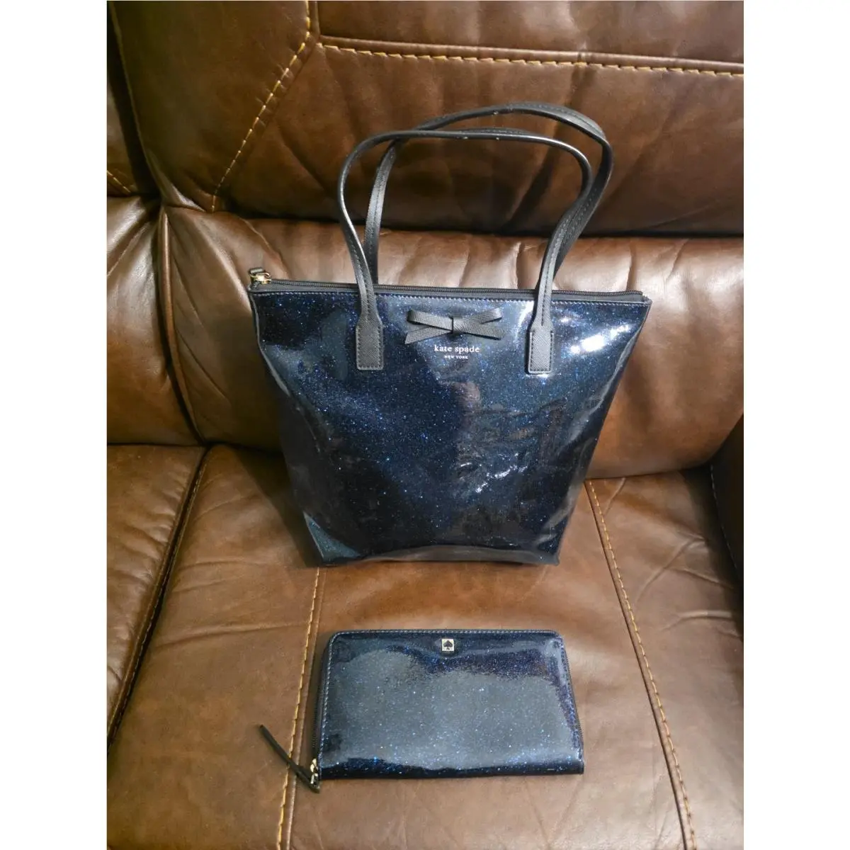 Kate Spade NY Mavis St. Jeralyn Dark Blue Glitter Tote Bag Purse New Wallet