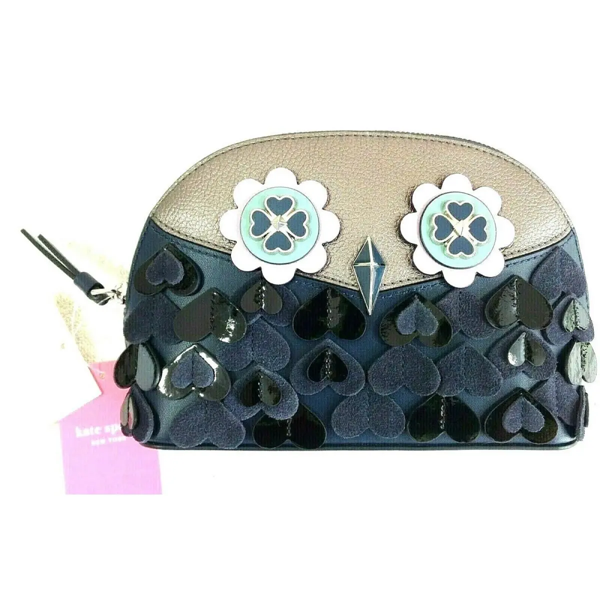 New Women Leather Kate Spade Medium Dome Cosmetic Blue Gray Lilac Owl