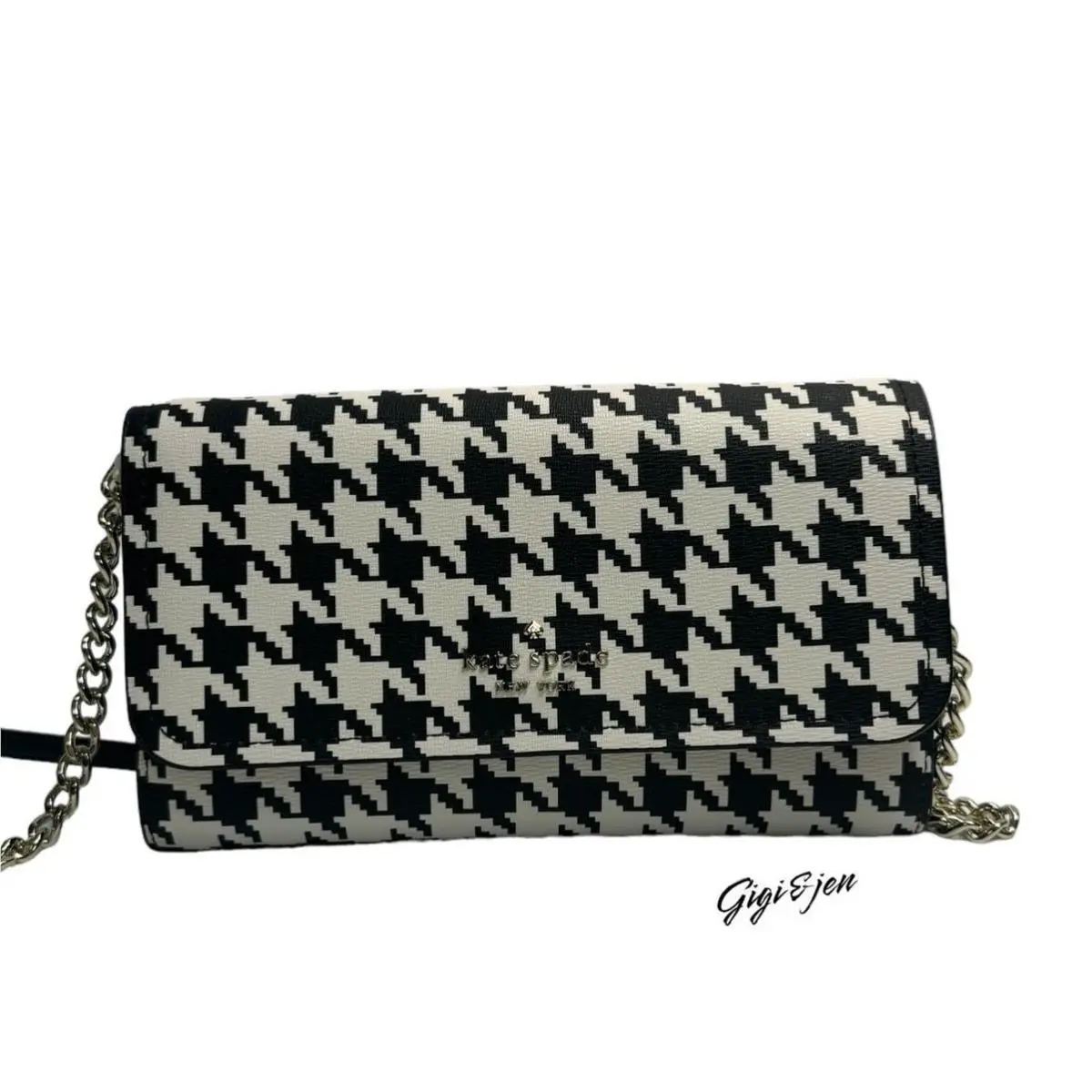 Kate Spade Darcy Chain Wallet Crossbody Clutch Black/white Houndstooth