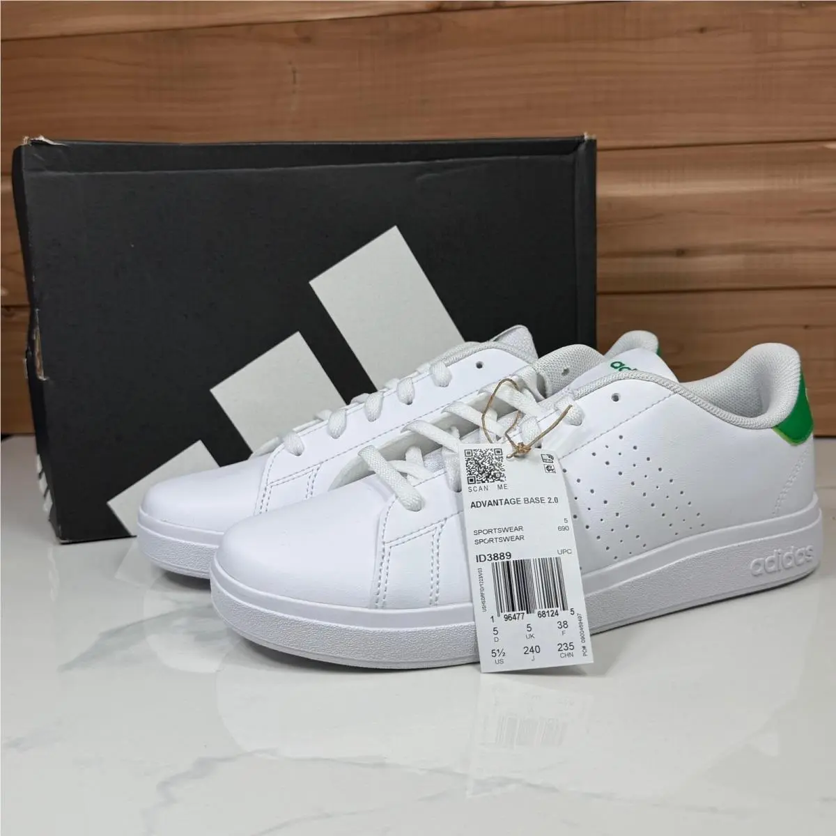 Adidas Advantage Base 2.0 Kids Sneakers White Green ID3889 Size 5.5 US