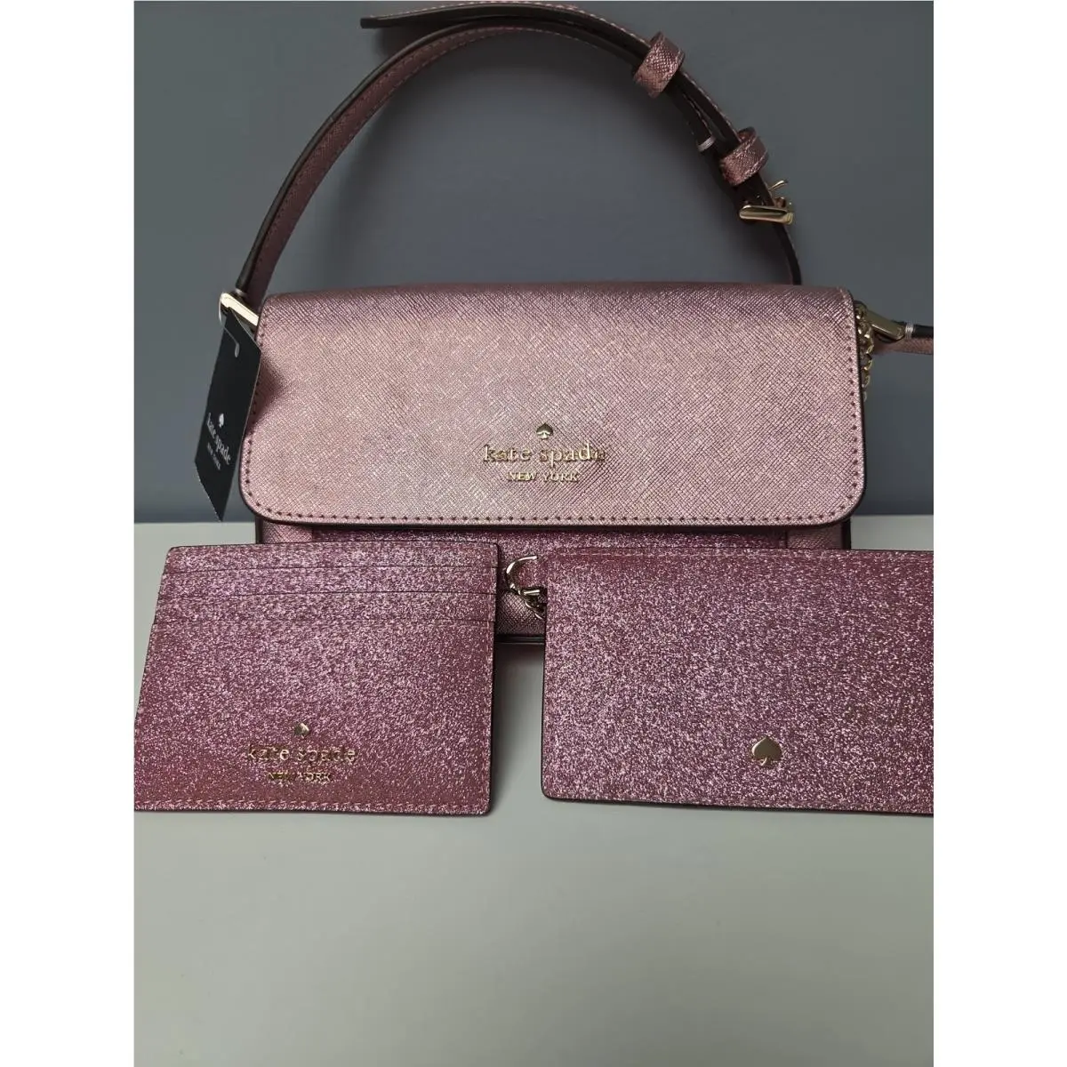 Kate Spade Glimmer Crossbody Bag with Card Holder Matching Wallet Mitten Pink