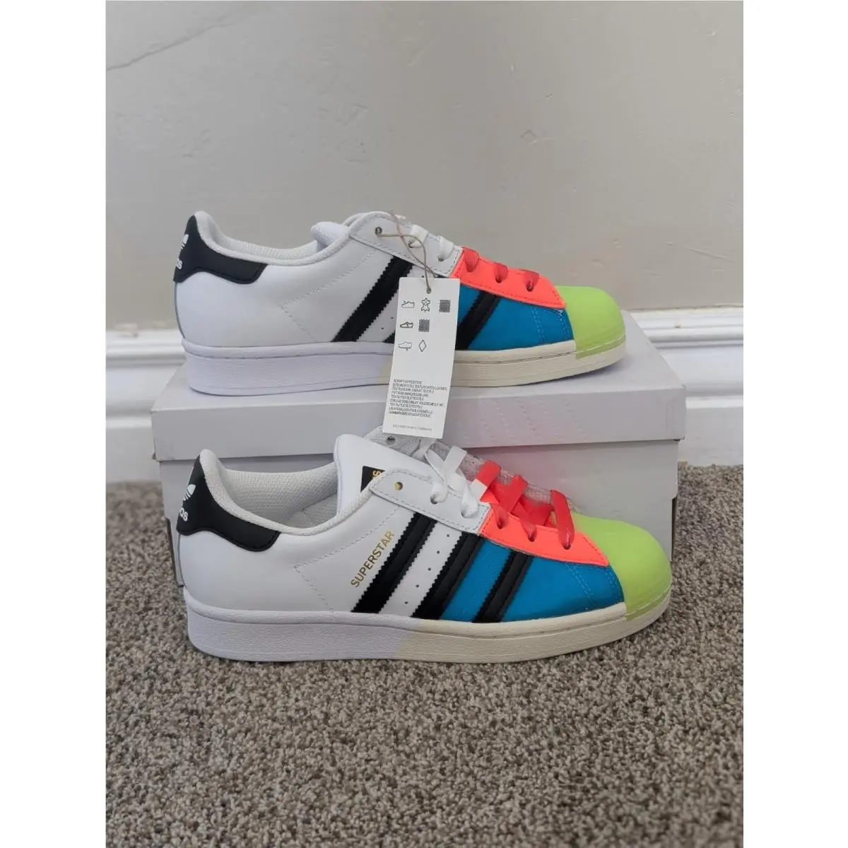 Size 4.5 Youth Unisex Adidas Superstar J White/green/blue/orange Lace Up Trainer