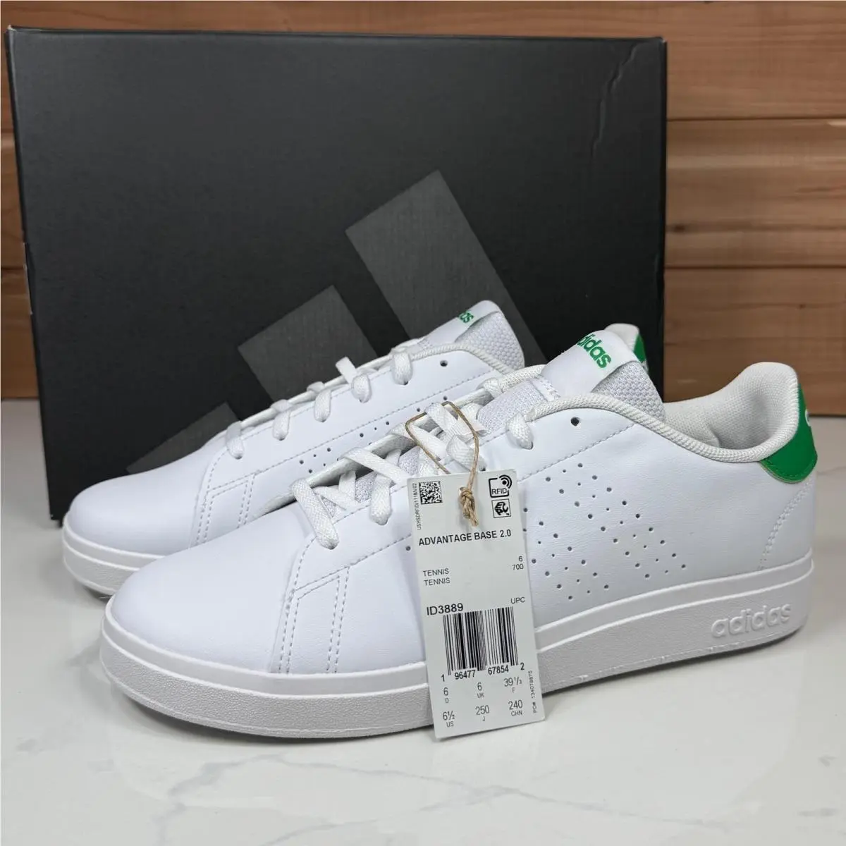 Adidas Advantage Base 2.0 Sneakers White Green Low Top Shoes Youth Size 6.5
