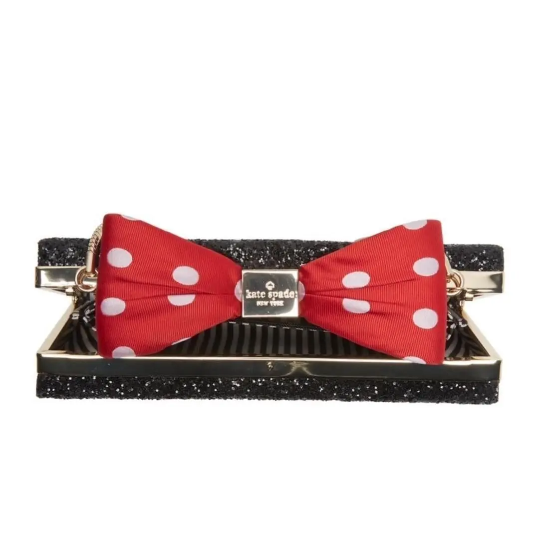 Kate Spade Womens Black Glitter Clutch Disney Minnie Mouse Bow Clasp Handbag New