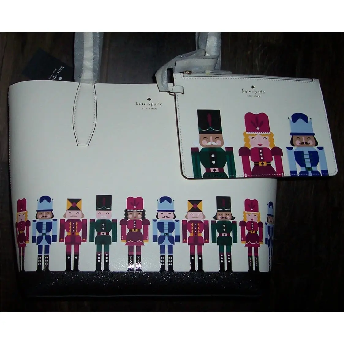Kate Spade Ivory/purple OH What Fun Nutcrackers Reversible Tote/wristlet Set