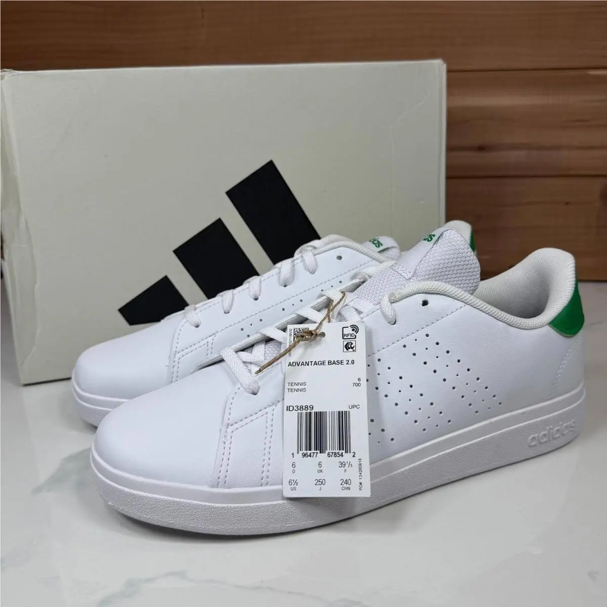 Adidas Advantage Base 2.0 White Green Tennis Sneakers ID3889 Kids 6.5