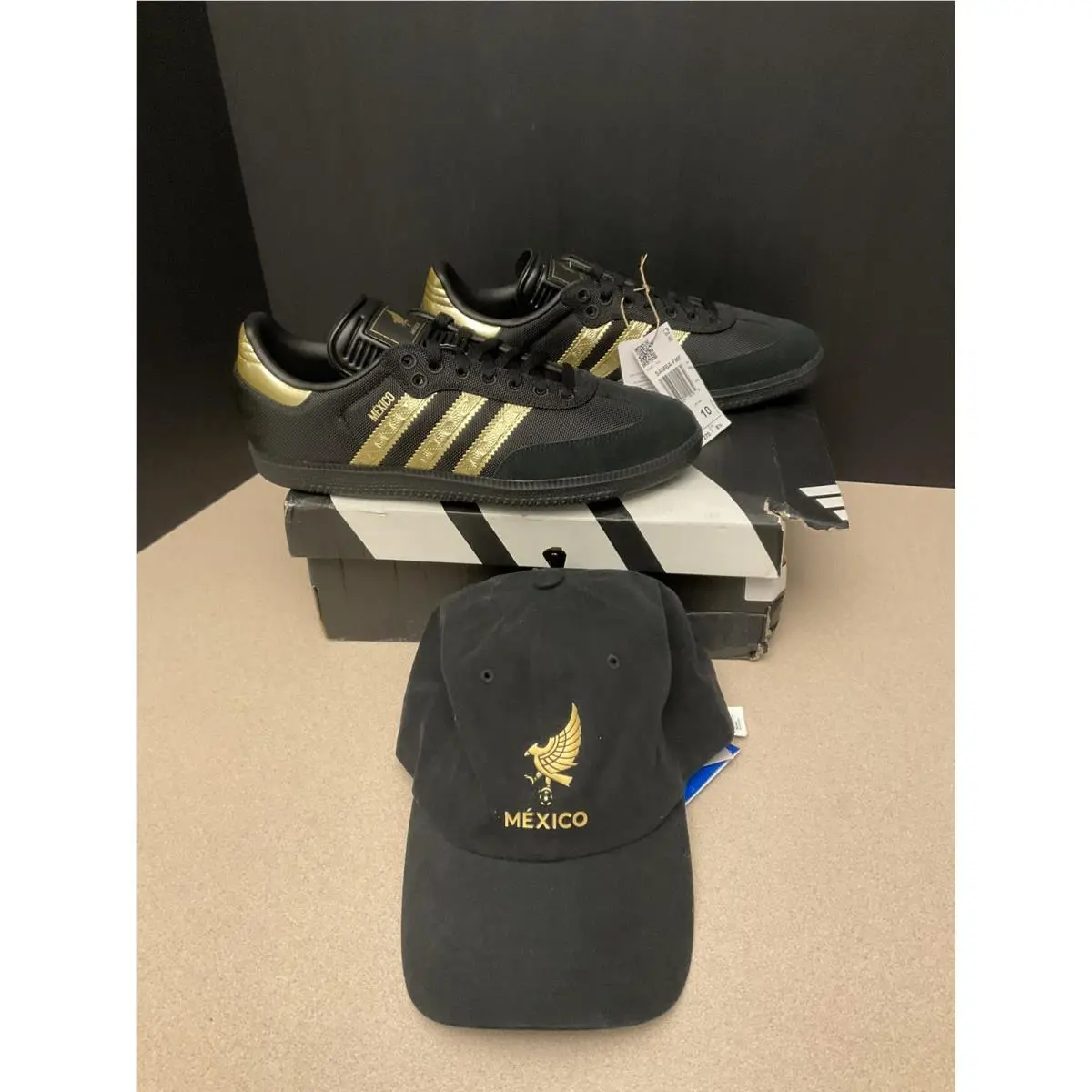 Mens Adidas Samba Fmf “mexico” Black/gold Athletic Shoes. Size 9. with Hat