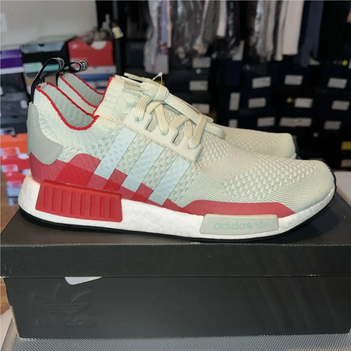 Size 13 - Adidas NMD_R1 Primeknit Linen Green Scarlet EE5078
