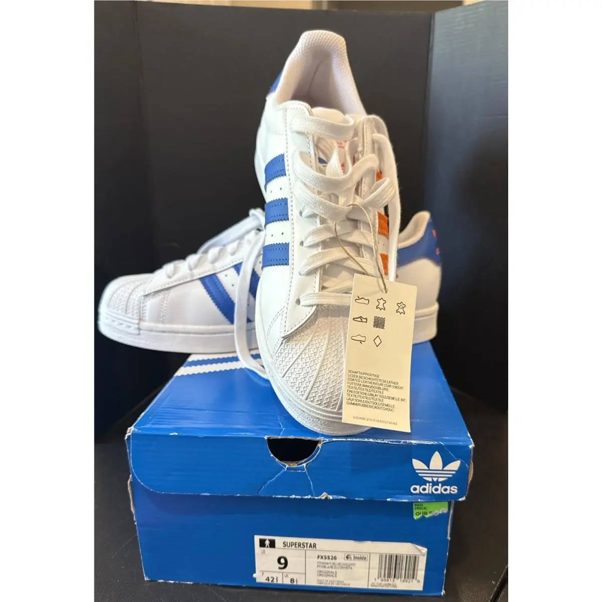 Adidas Superstar Mens Sneakers 9 White Blue Orange Lace Up FX5526 Retro