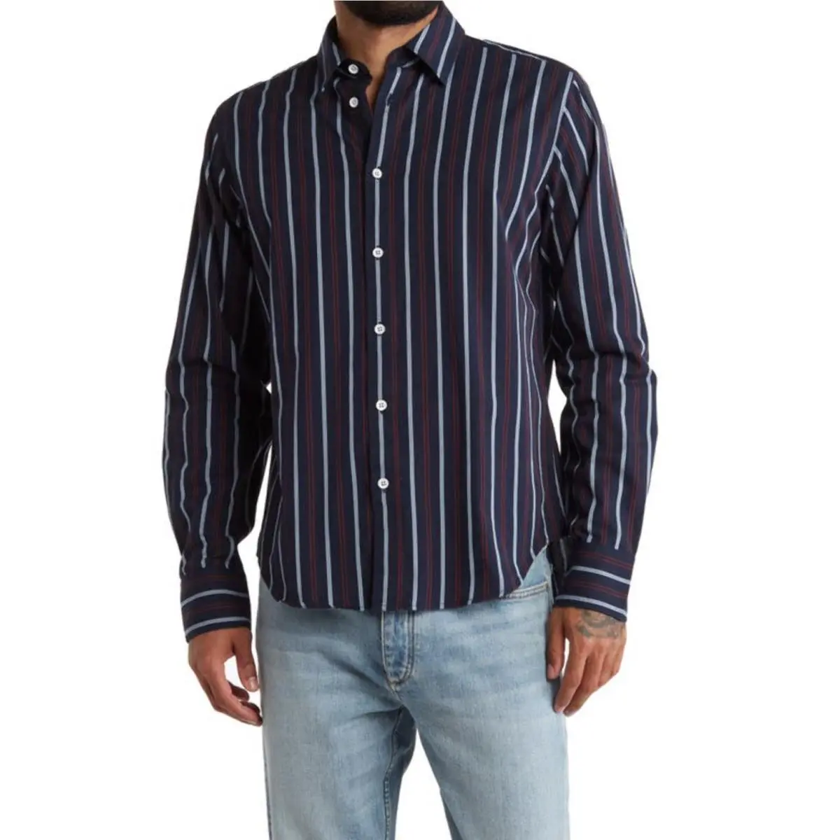 Rag Bone Men`s Rove Stripe Cotton Button-up Shirt in Stripe Navy Size Medium
