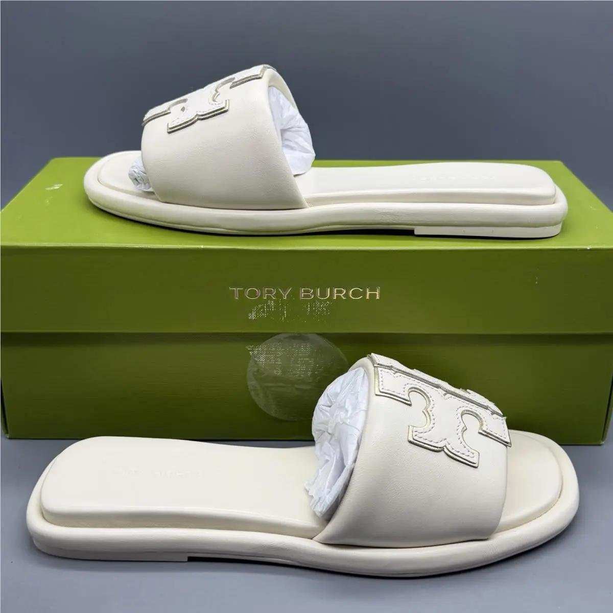 Tory Burch Double T Sport Slide Women’s 5 Nappa Leather Light Cream Gold Sandals