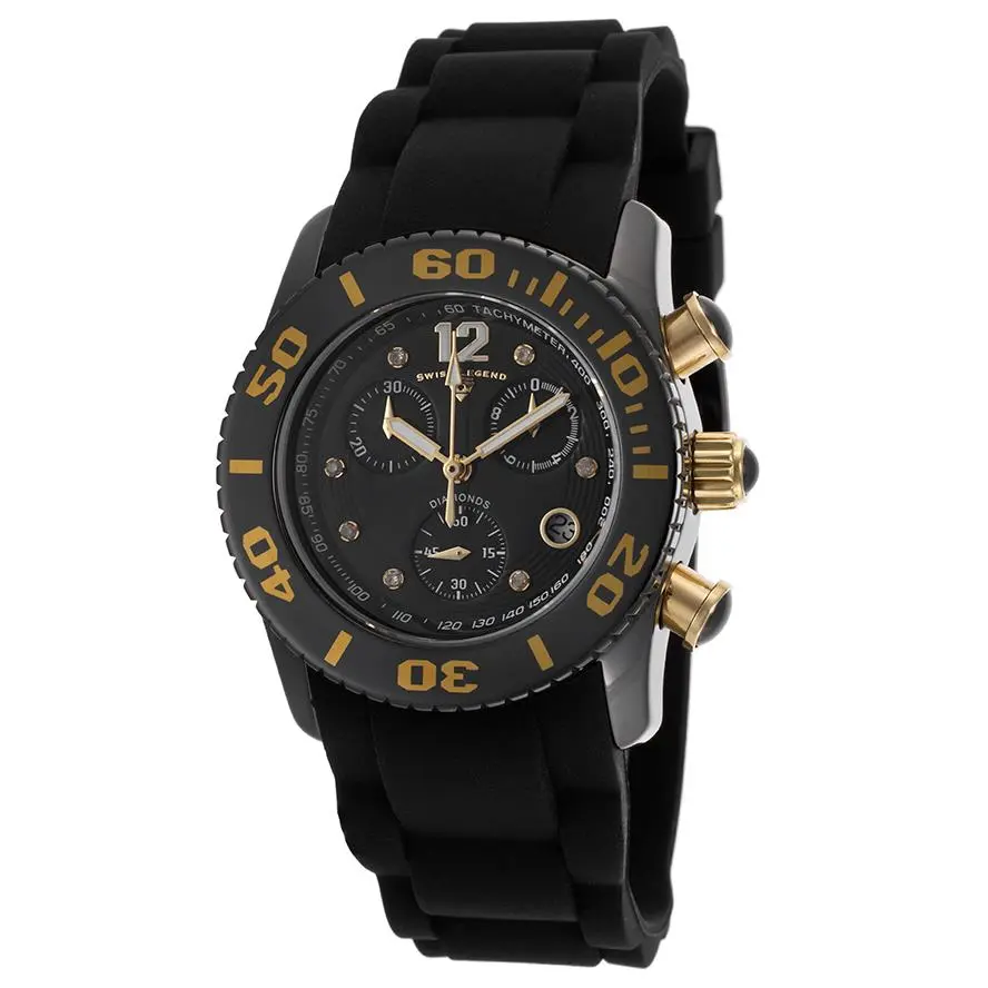 Swiss Legend Women`s Commander Diamonds Chronograph Black Silicone Dial Watch - Dial: Black, Band: Black