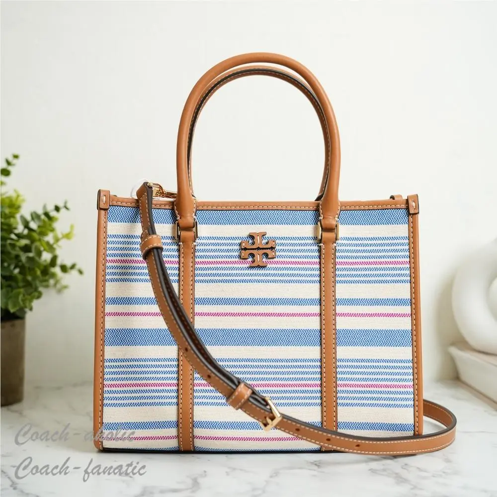 Tory Burch Blake Stripe Canvas Small Tote Crossbody in Multi / Walnut