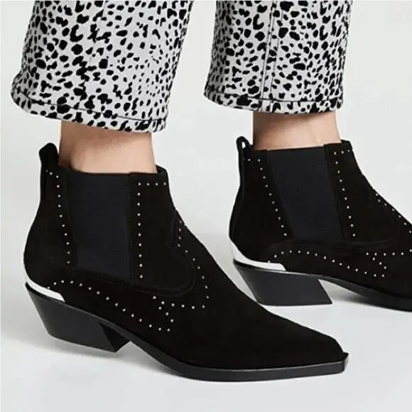Rag Bone 36.5 US 6.5 Westin Black Suede Leather Studded Boot Ankle Bootie
