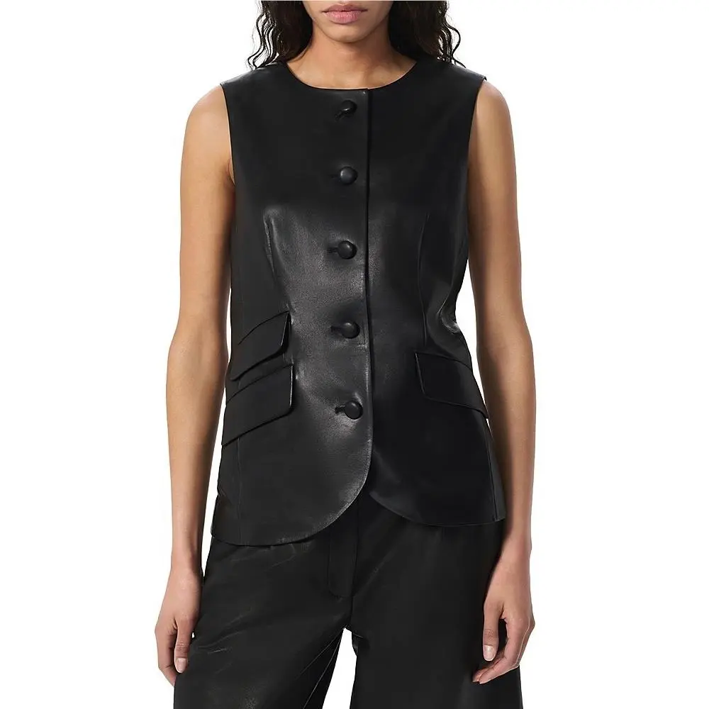 Rag Bone Slade Crewneck Leather Vest Women`s 4 Black Front Button Closure