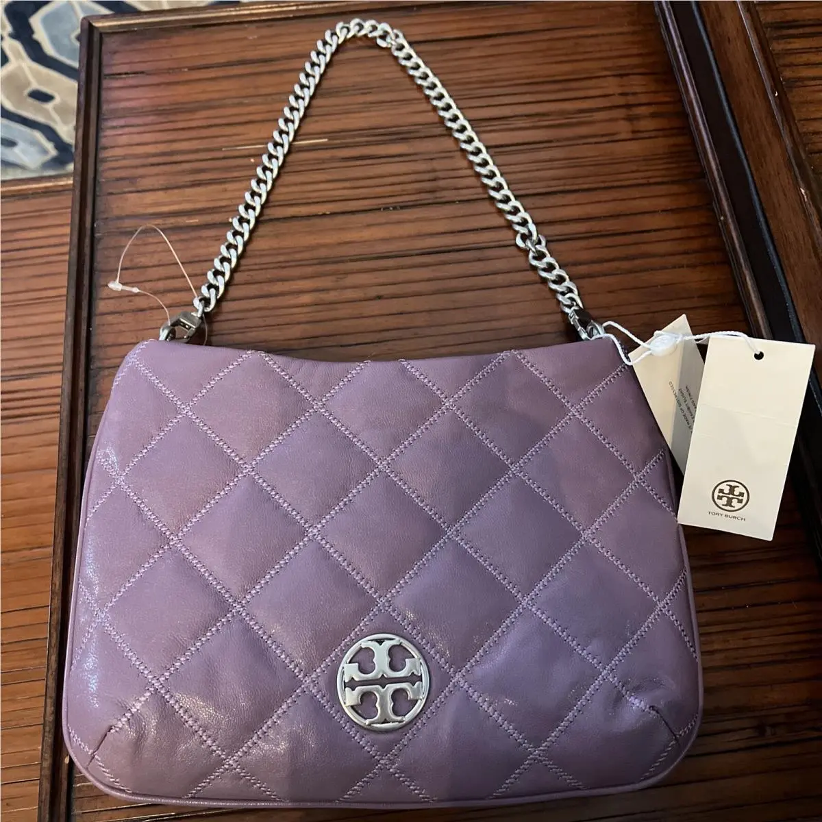 Tory Burch Willa Zip Top Shoulder Bag Quilted Allium Purple with Chain Strap