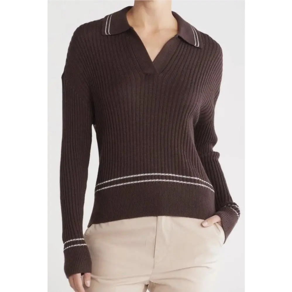 Rag Bone Mabel Marino Wool Polo Sweater In Espresso Brown Sz M Women’s