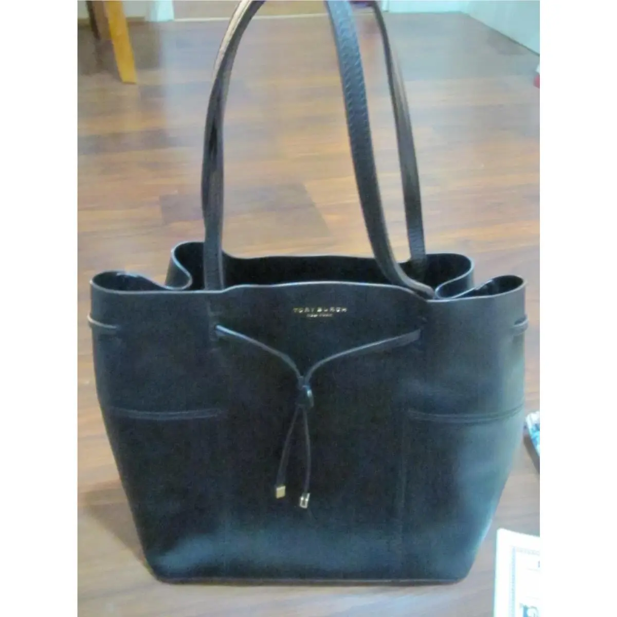 Tory Burch York Large Black Leather Block T Bucket Tote