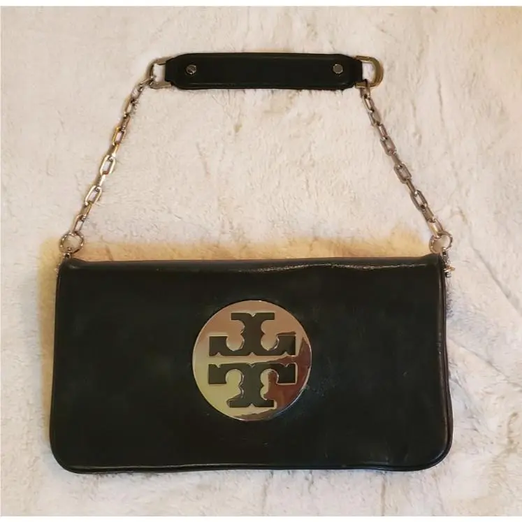 Tory Burch Reva Black/silver Leather Fold Over Clutch Shoulder Bag