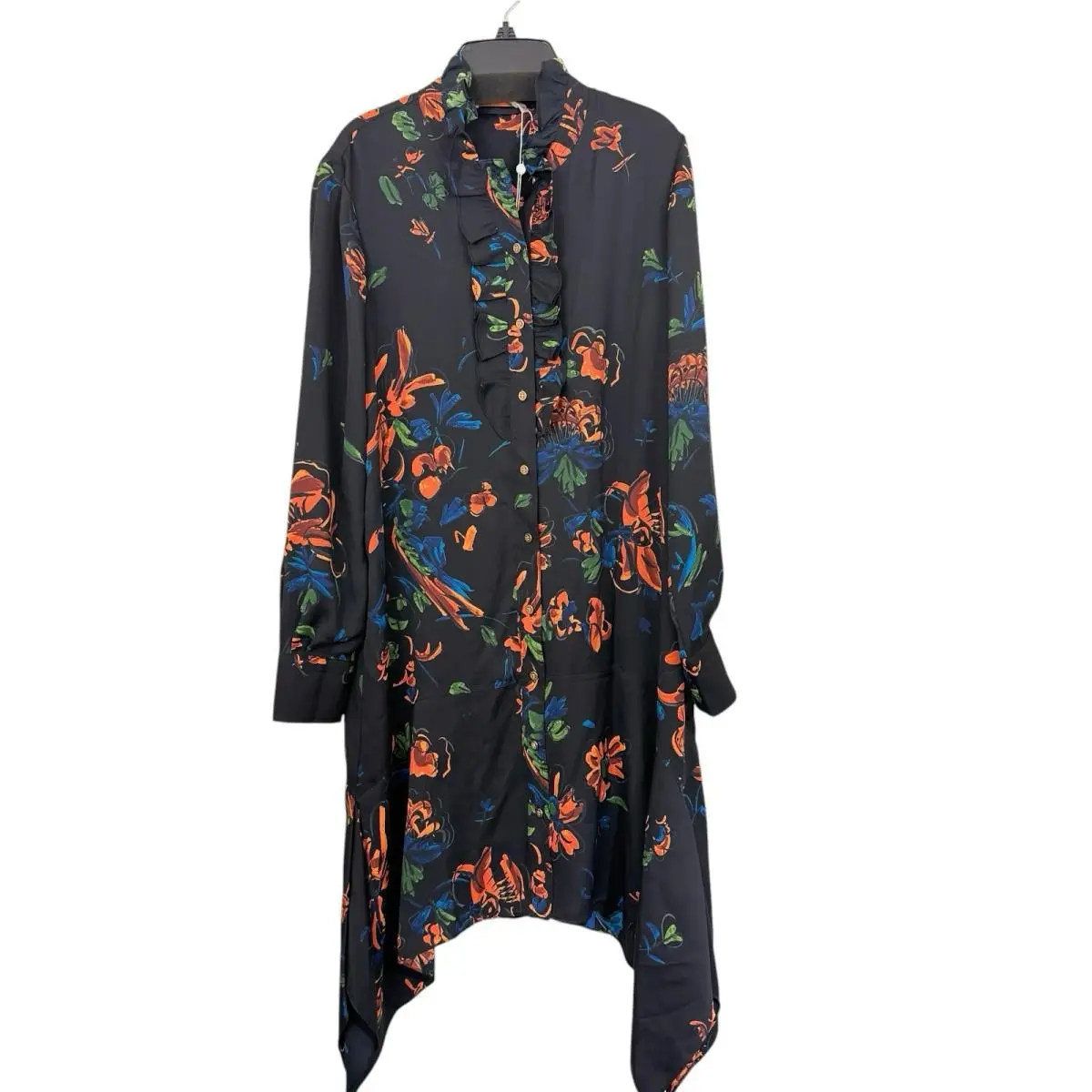 Tory Burch Cora Ruffled Belted Dress Size 8 Black Floral Print Asymmetrical Hem