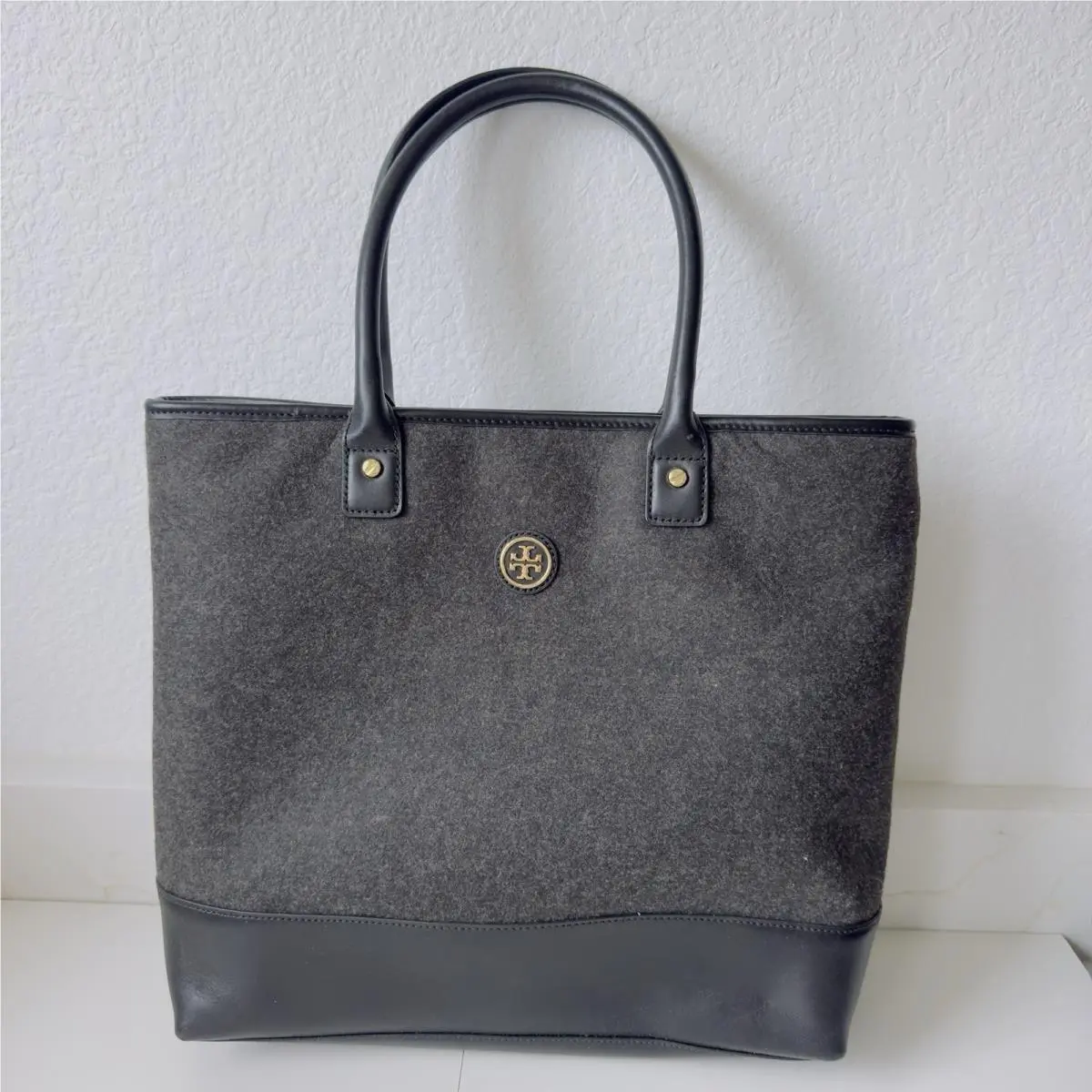 Tory Burch Large Wool Felt Tote Bag Leather Trim Pewter Gray