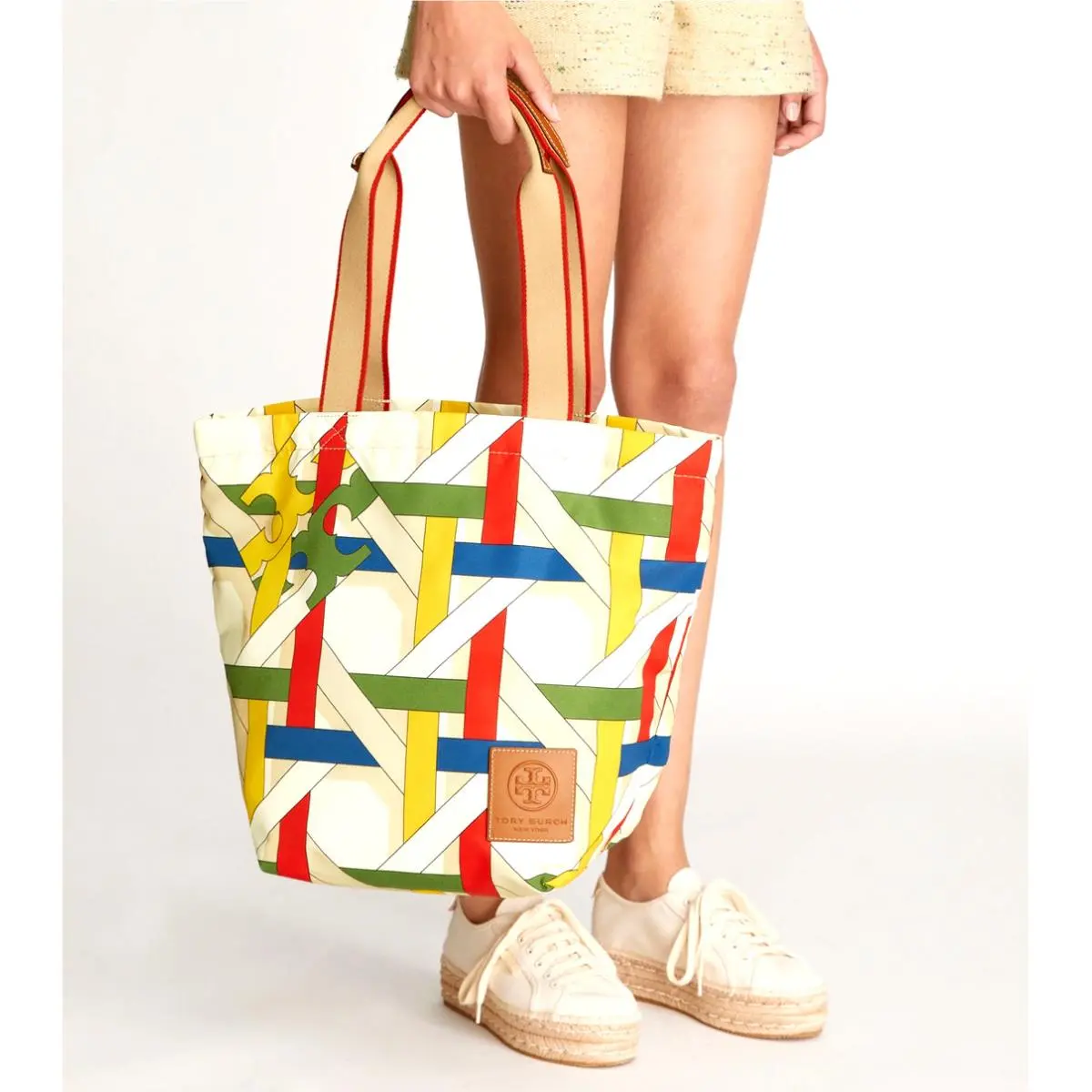 Tory Burch Ella Market Nylon Gracie Printed Tote French Cream Basketweave
