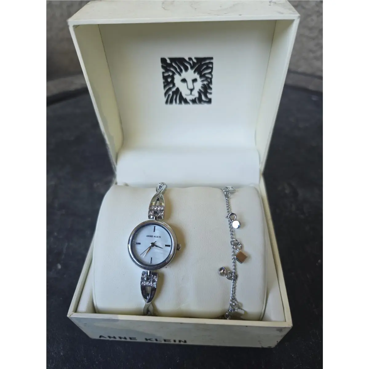 Anne Klein AK3083SVST Crystal Bangle Watch Bracelet Set Silver Mop Battery