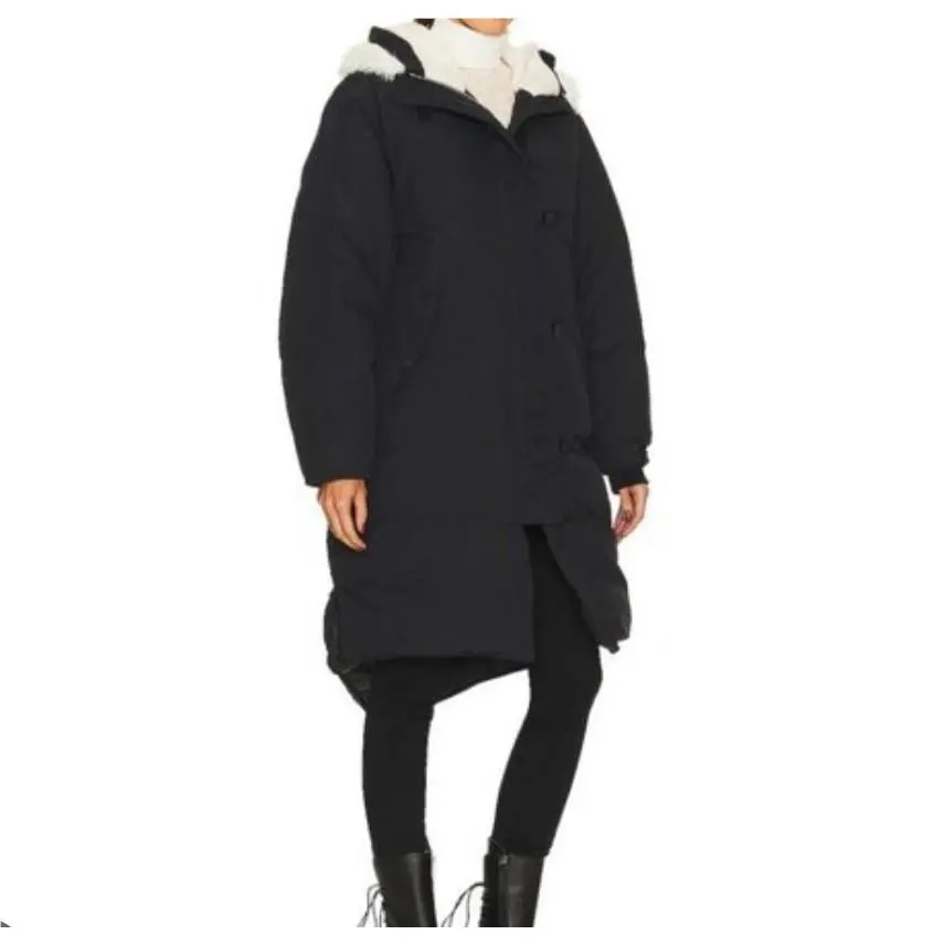 Rag Bone Down Parka Coat Womens M Black Hooded Fishtail Fur Trim Sherpa