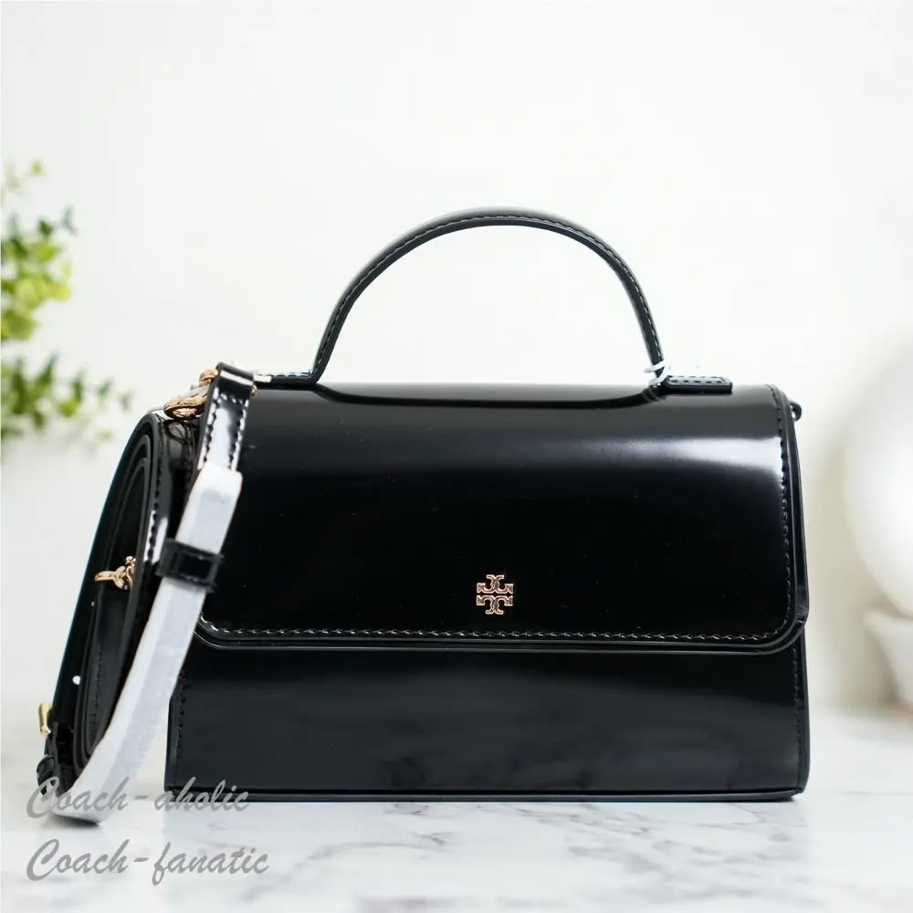 Tory Burch Emerson Smooth Leather Mini Top Handle Satchel Crossbody in Black