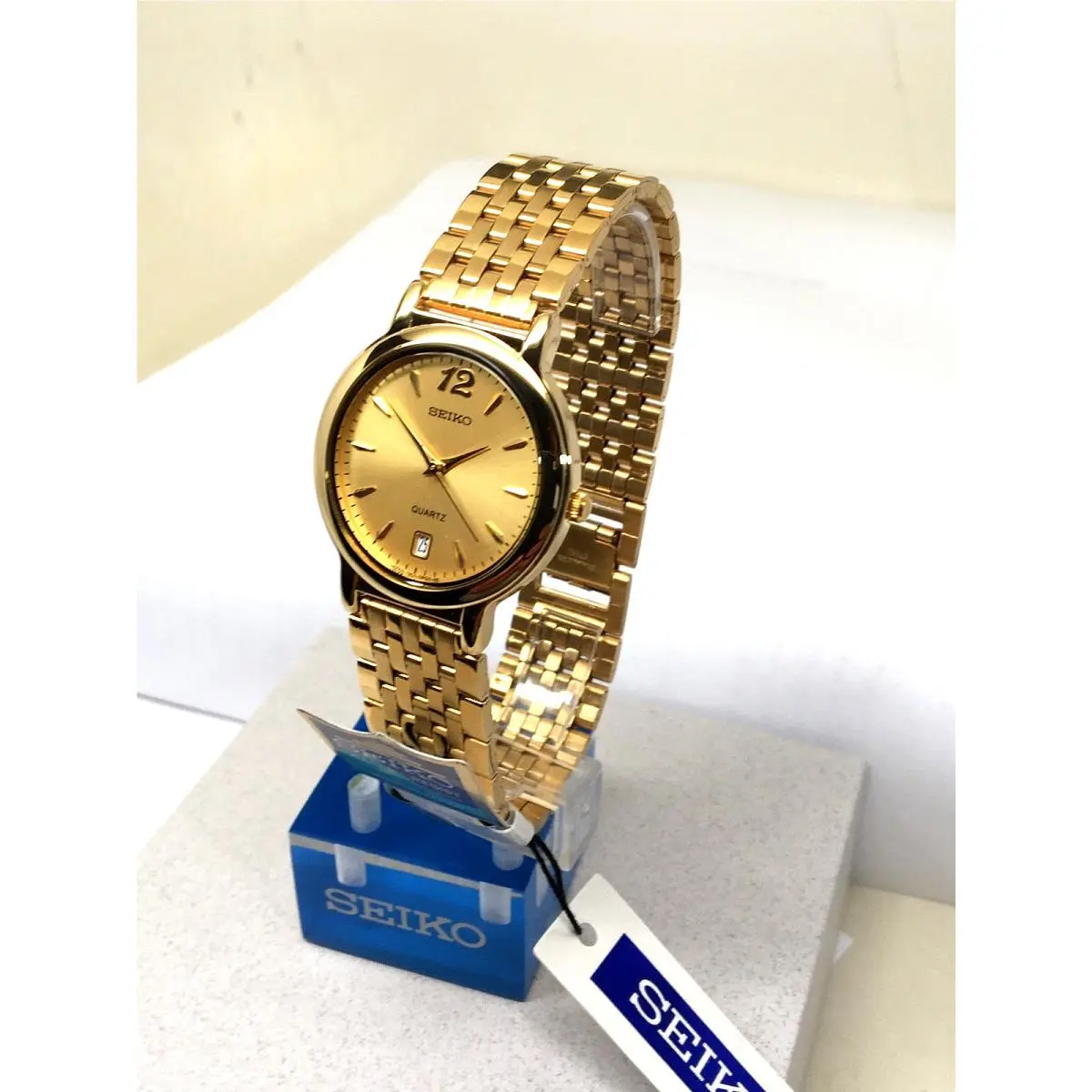 Vintage Seiko Quartz SNE444 Mid Size Stainless Steel Gold Dial
