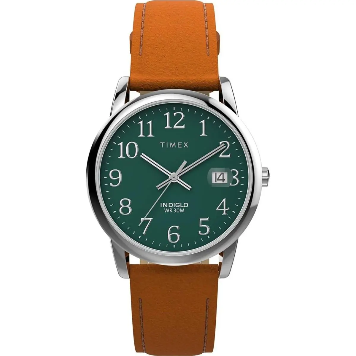 Timex Men`s Watch Easy Reader Green Dial Brown Leather Strap Date TW2W54600JT - Dial: Green, Band: Brown