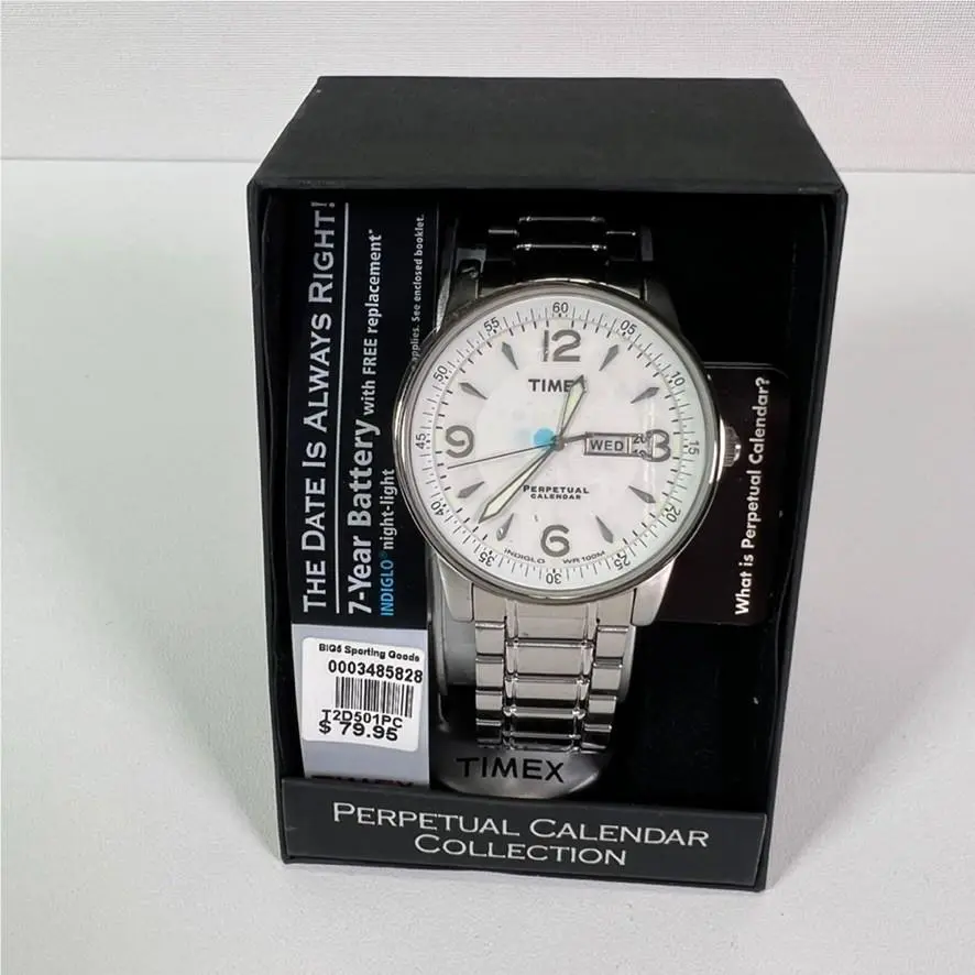 Perpetual Calendar T2D501 Quartz Wrist Watch Men Silver-tone White Face by Timex