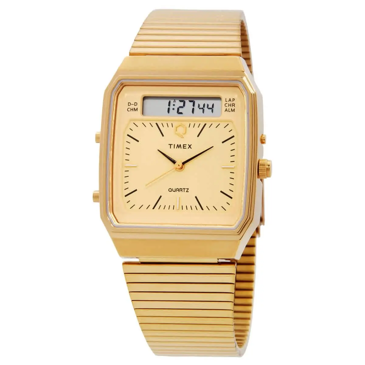 Timex Q Timex 1982 Reissue Quartz Analog-digital Men`s Watch TW2Y06000VQ - Dial: Champagne, Band: Gold-tone, Bezel: Gold-tone