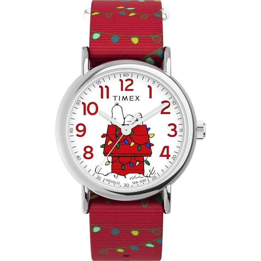 x Peanuts Women`s Weekender Holiday 38mm Watch - Red Strap White Dial by Timex