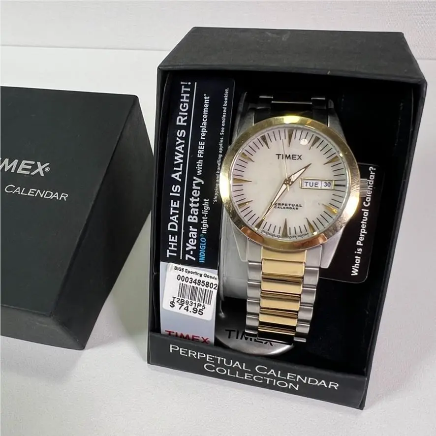 Perpetual Calendar T2B931 Wrist Watch Men Silver Gold White Face by Timex