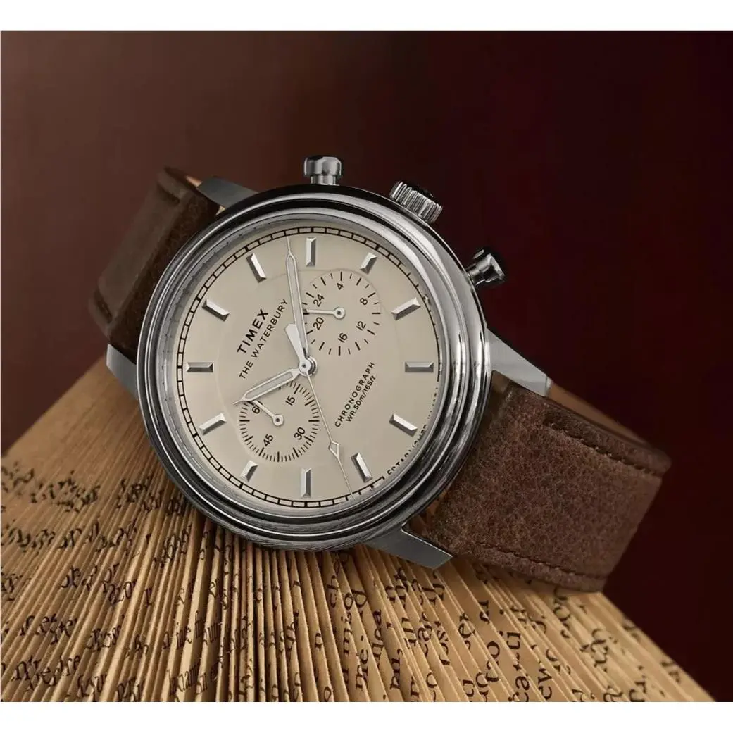 Timex Waterbury Metropolitan Chronograph Cream Dial Men Leather Watch TW2Y23500 - Dial: Cream, Band: Black, Bezel: Silver-tone