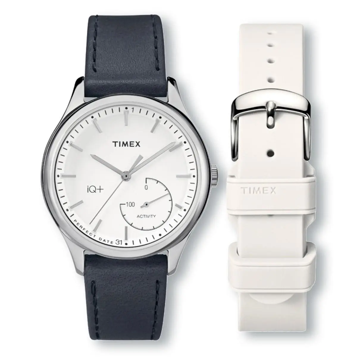 Timex TWG013700 Iq+ Move Activity Tracker Black Leather/white Silicone Strap Set