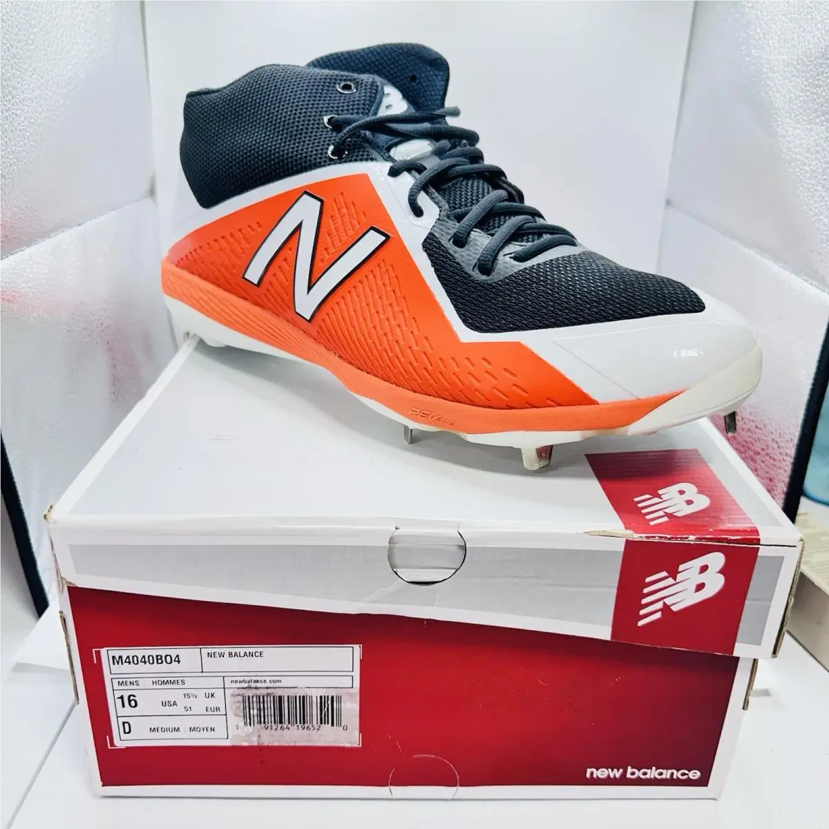 New Balance Men`s Metal Cleats M4040BO4 Mid Black Orange Size 16 D US
