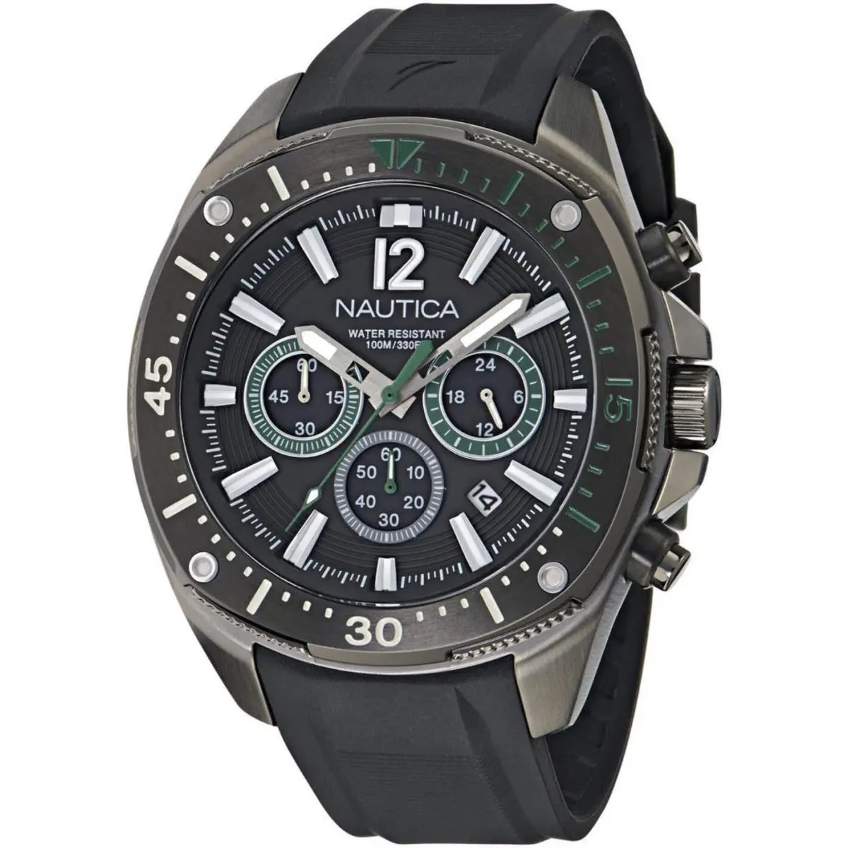 Men`s Nautica Sporty Blue Sail Chronograph Black Silicone Strap Watch NAPBSS502