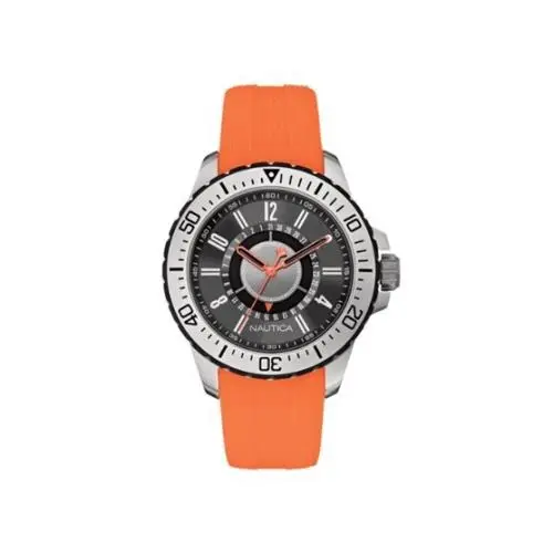 Men`s Nautica Nst 15 Date Orange Strap Black Dial WR 100M 44mm Watch A/N14662G