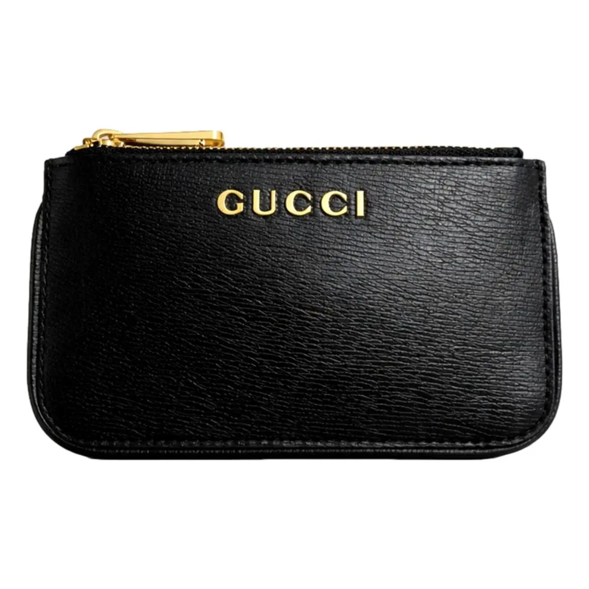 Gucci Zip Key Case Black Leather Card Holder Gold Logo Script