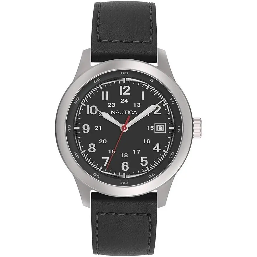 Nautica Cruise Nct 1 Black Leather Strap Black Dial Men`s Watch 45mm NAPNTI801