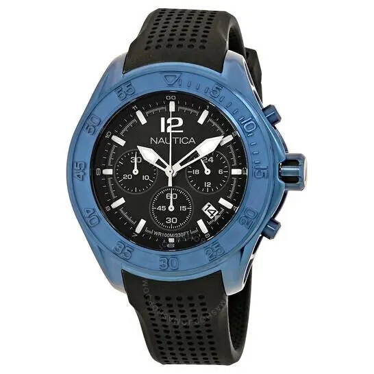 Nautica Nmx 1600 Black Silicone Band Chronograph Black Dial Men Watch NAD25504G