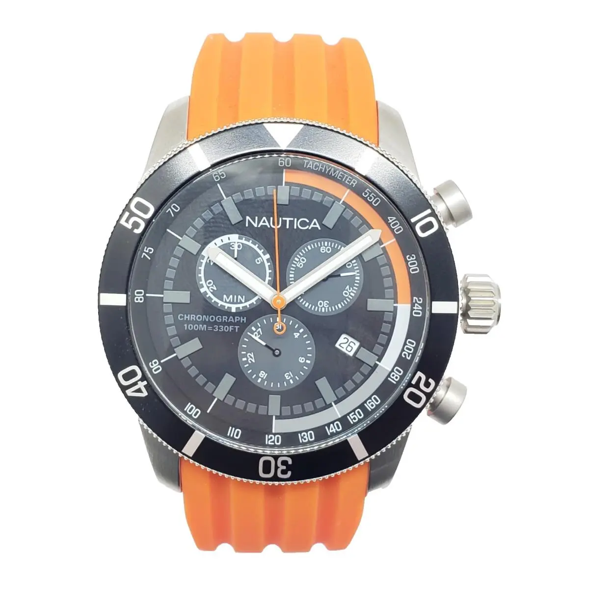 Nautica Nsr 105 Chrono Black Dial Orange Rubber Band Diver Men`s Watch NAD18538G
