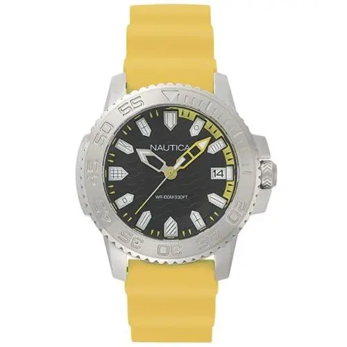 Nautica Kyw Black Dial Yellow Rubber Strap Men`s Dive Date Watch NAPKYW003
