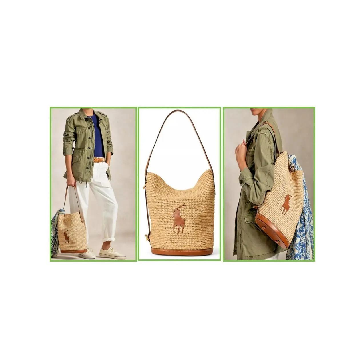 Polo Ralph Lauren Pony Natural Raffia Bellport Sling Bucket Bag