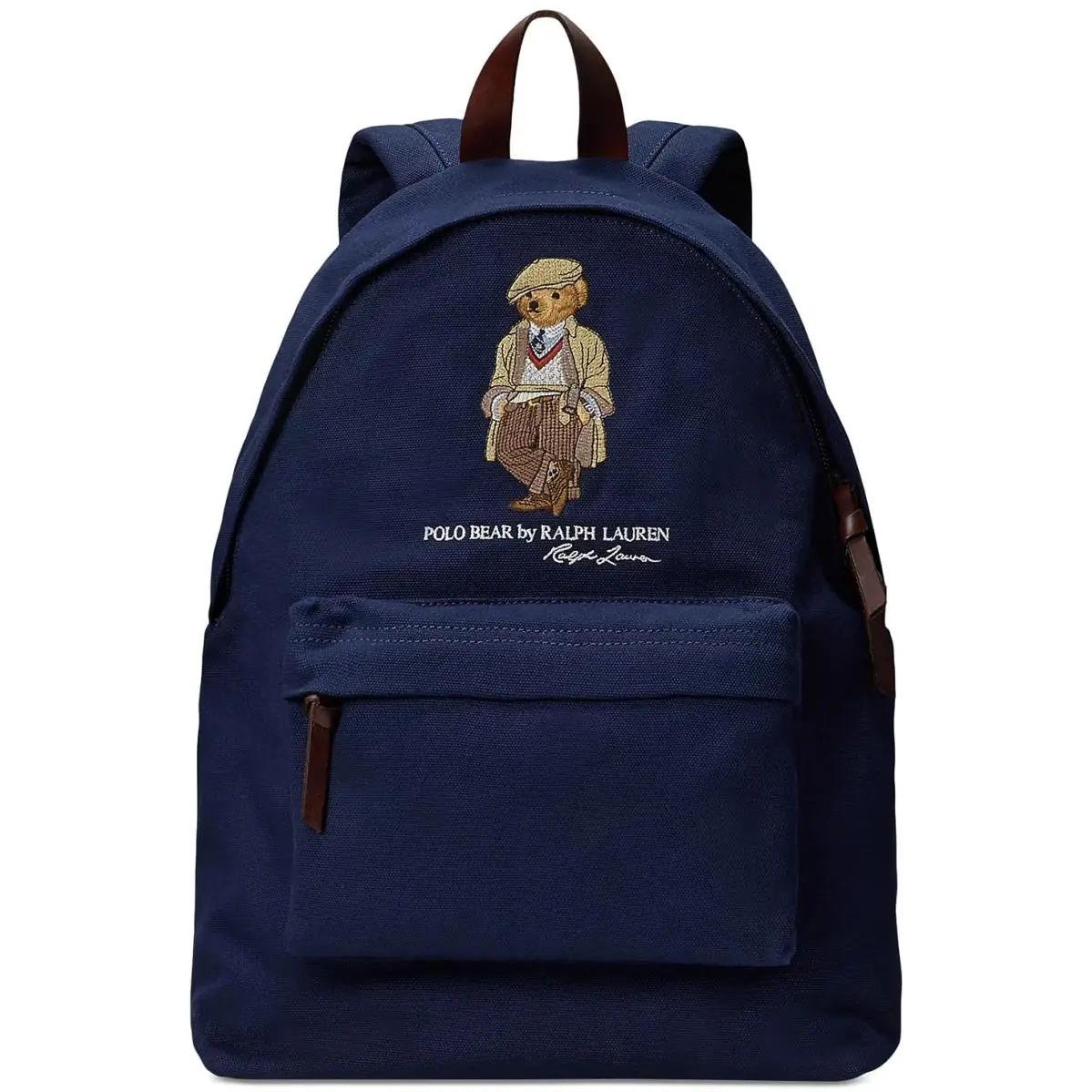 Polo Ralph Laure Bear Backpack Canvas Leather Trim Navy Back Pack Bag