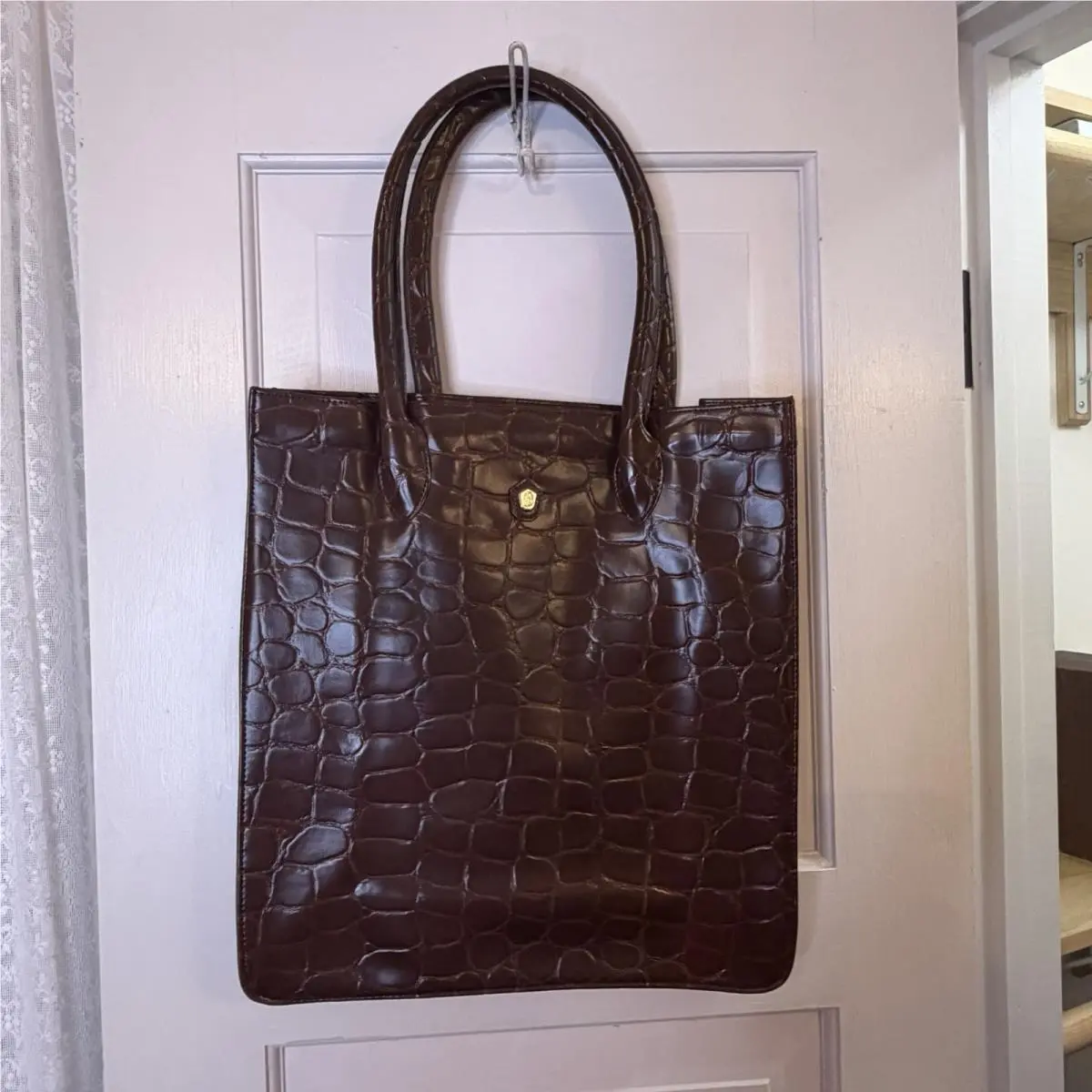 90s Ralph Lauren Safari Croc-embossed Leather Tote Bag Luggage Brown
